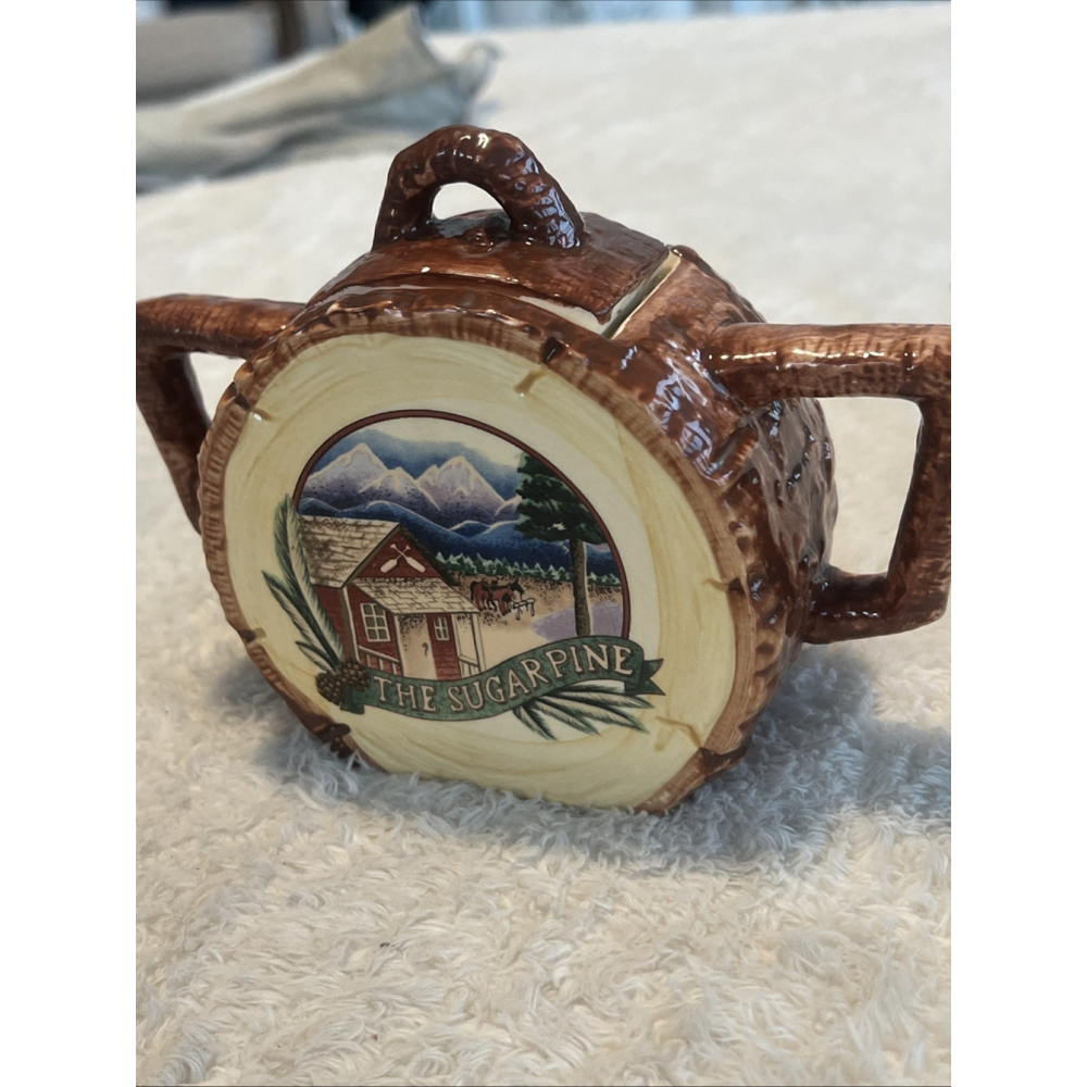 Fitz & Floyd 1993 The Sugar Pine Ceramic Log Cabin Sugar Bowl | Rustic Lodge - Picture 5 of 16